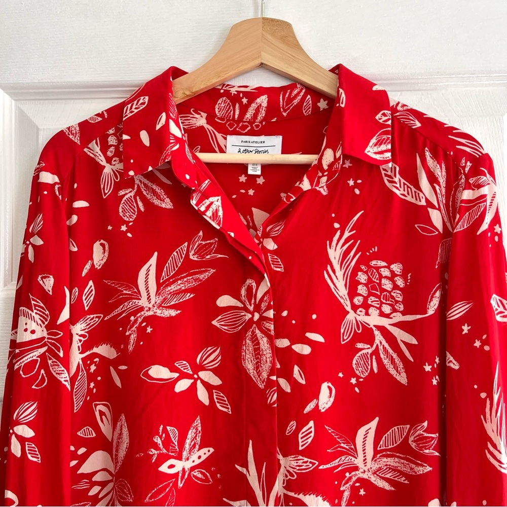 & Other Stories 100% Silk Long Sleeve Button Down Collared Blouse Red & White 10 - Picture 3 of 16